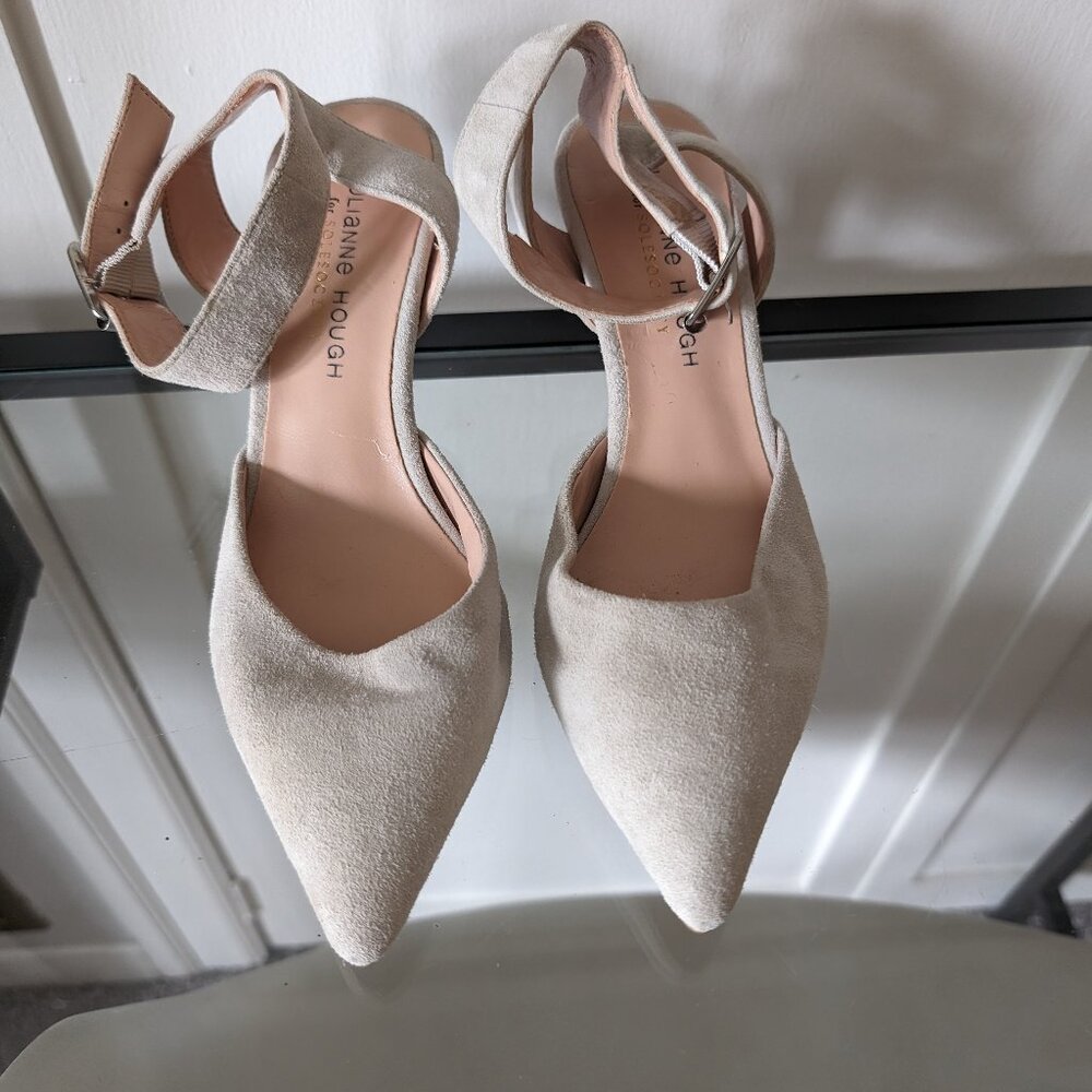 Julianne Hough light grey heels ankle strap kitten heel pump suede leather OLYVI